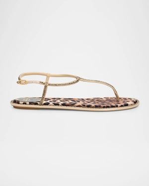 Rene Caovilla Embellished Leopard Satin Flat Thong Sandals - Metallic