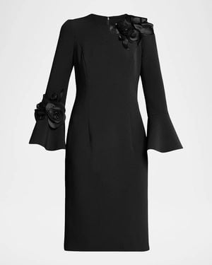Teri Jon Floral Applique Flare-Cuff Crepe Dress - Black