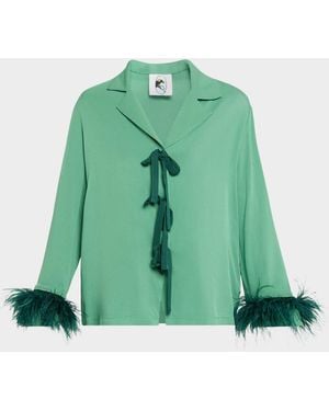 Sleeper Feather-Cuff Viscose Sleep Top - Green