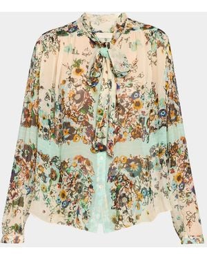 Ulla Johnson Vesela Floral Chiffon Tie-Neck Blouse - Metallic