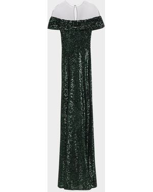 Naeem Khan Off-The-Shoulder Sequined Illusion Gown - Green