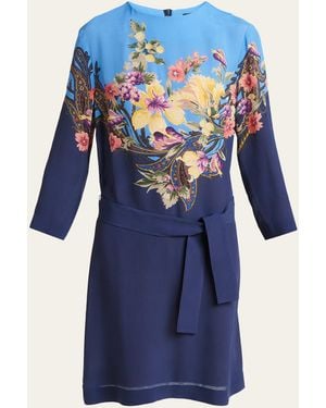 Etro Bi-Color Floral-Print 3/4-Sleeve Belted Dress - Blue