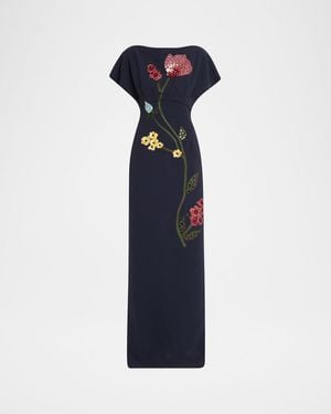 Lela Rose Savannah Sequined Floral Embroidered Empire Gown - Blue