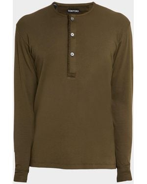 Tom Ford Ribbed Long-Sleeve Henley Tee - Green