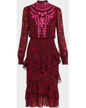 Saloni Isa Mock-Neck Floral-Print Silk Midi Dress - Red