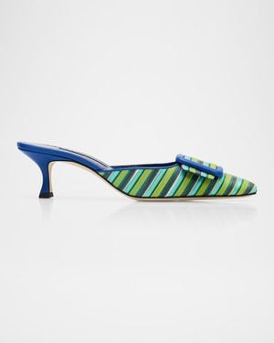 Manolo Blahnik Mayslibi 50Mm Striped Mules With Buckle - Blue