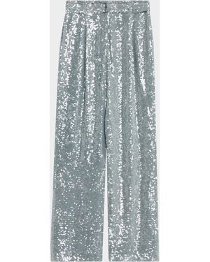 LAPOINTE Sequined Pleated Wide-Leg Belted Pants - Blue
