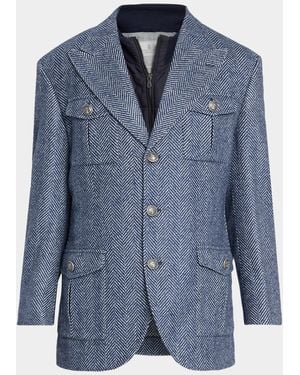 Brunello Cucinelli Apos;S Wool And Silk Chevron Field Jacket With Zipped Bib - Blue