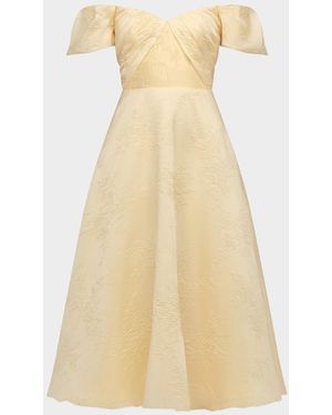 THEIA Mel Off-Shoulder Jacquard Midi Dress - Natural