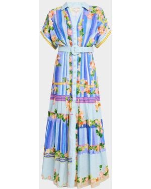 Saloni Riya-B Belted Floral Linen Maxi Shirt Dress - Blue