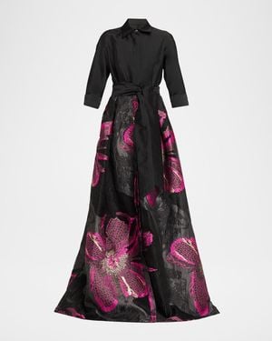 Teri Jon Metallic Floral Jacquard Shirt Gown - Multicolor
