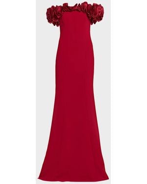 Teri Jon Ruffle Off-Shoulder Crepe Gown - Red