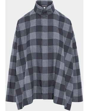 Eskandar Plaid Cotton Wide Longer Back Shirt Jacket - Blue