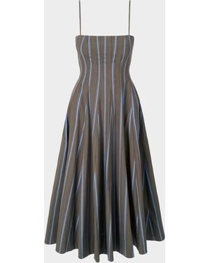 STAUD Wylie Striped Stretch-Cotton A-Line Midi-Dress - Gray