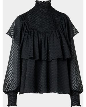 Akris Punto Diamond Dot Devore Flounce Blouse - Black