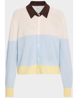 CISSA Cashmere-Wool Colorblock Polo Cardigan - Blue