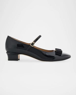 Ferragamo Vally Bow 30Mm Patent Leather Mary Janes - Black