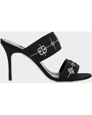 Manolo Blahnik 90Mm Ralota Embellished Satin Mule Sandals - Black