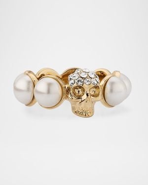 McQueen Crystal Skull And Pearly Ring - White