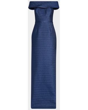 Teri Jon Basket Weave Jacquard Off-The-Shoulder Column Gown - Blue