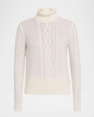 Neiman Marcus Cashmere Placed Cable Turtleneck Sweater - White