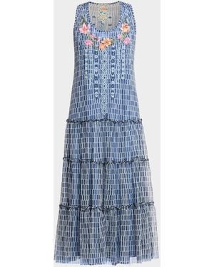 Johnny Was Dorotea Embroidered Mesh Midi Dress - Blue