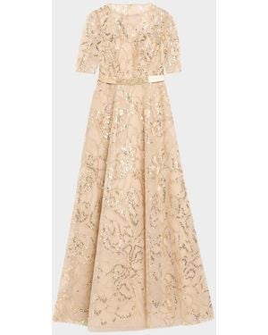Teri Jon Sequined Floral Tulle Gown - Natural
