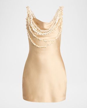 Balmain Draped Shell Embellished Satin Mini Dress - Natural