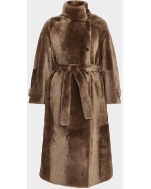 Brunello Cucinelli Lamb Shearling Belted Long Coat - Brown