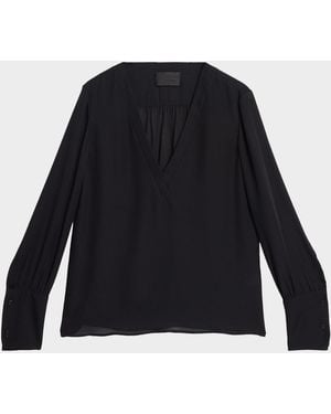 Nili Lotan Mariposa Silk Georgette V-Neck Blouse - Black