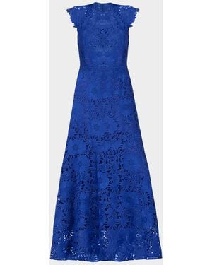 Shoshanna Raven Cap-Sleeve Floral Lace Gown - Blue