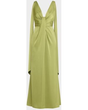 Aidan Mattox Draped Plunging Crepe Back Satin Gown - Green
