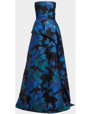 Teri Jon Strapless Floral Jacquard Organza Gown - Blue
