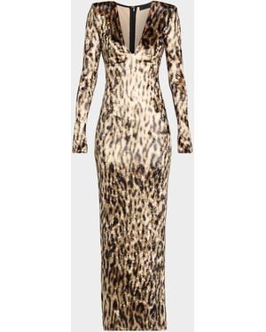 LAPOINTE Plunging Ocelot-Print Velvet Long-Sleeve Maxi Dress - Natural