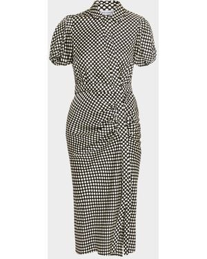 Dice Kayek Puff-Sleeve Ruched Polka-Dot Silk Midi Dress - Gray