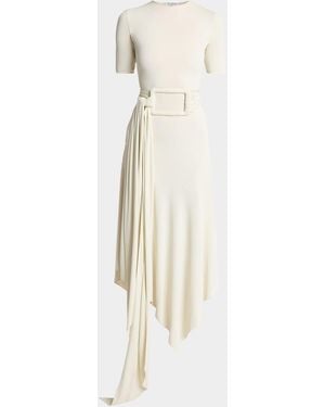 Alaïa Asymmetric Fluid Jersey Belted Midi Dress - Natural
