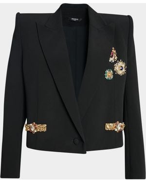 Balmain Spencer Jeweled Strong-Shoulder Oversized Blazer - Black