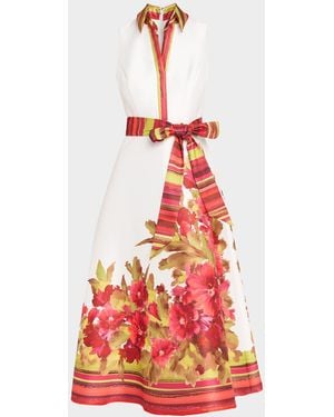 Badgley Mischka Sleeveless Floral-Print Mikado Midi Dress - White