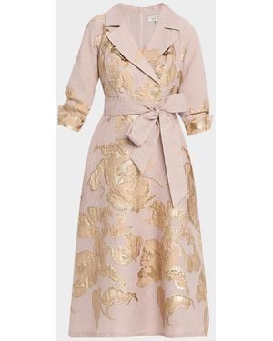 Teri Jon Crinkled Metallic Jacquard Midi Shirtdress - Natural
