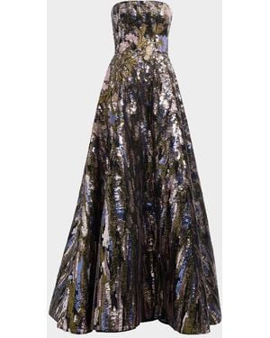 Elie Saab Floral Sequined Strapless A-Line Gown - White