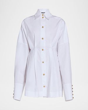 Balmain Pleated Cotton Popeline Oversized Mini Shirtdress - Blue