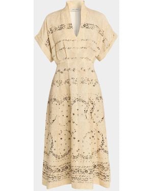 Alberta Ferretti Short-Sleeve Printed Linen A-Line Midi Dress - Natural