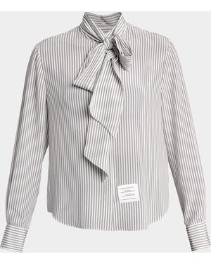 Thom Browne Striped Silk Neck-Scarf Button-Down Blouse - White