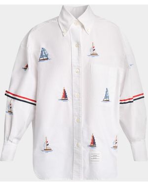 Thom Browne Sailboat-Embroidered Cotton Shirt - White