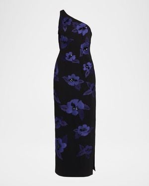 Aidan Mattox One-Shoulder Beaded Applique Column Gown - Blue