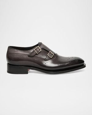 Santoni Apos;S Kaj Brogue Leather Double-Monk Strap Loafers - Black