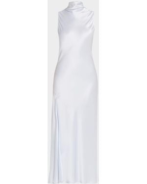 LAPOINTE Sleeveless Draped-Neck Satin Slit Midi Dress - White