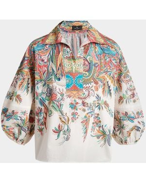 Etro Paisley-Print Balloon-Sleeve Collared Shirt - White