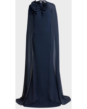 Elie Saab Flower-Neck Cape Trumpet Gown - Blue