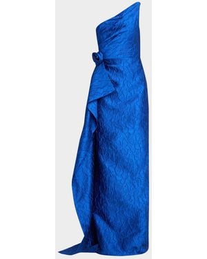 Teri Jon Draped One-Shoulder Jacquard Column Gown - Blue